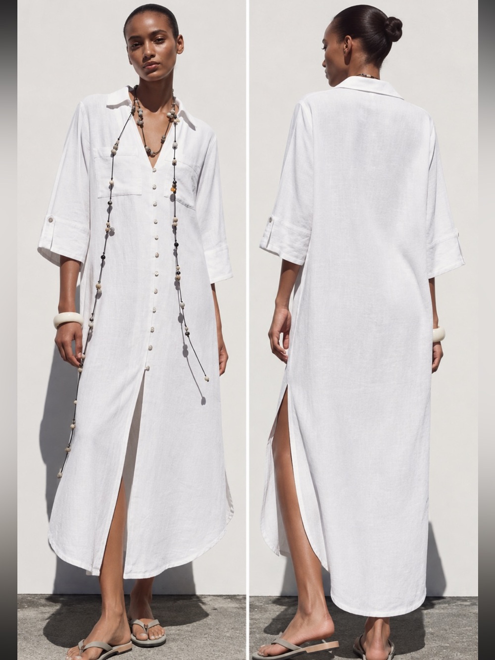 Zara NWT White Linen Blend Maxi Shirt Dress Size Large 8372/070